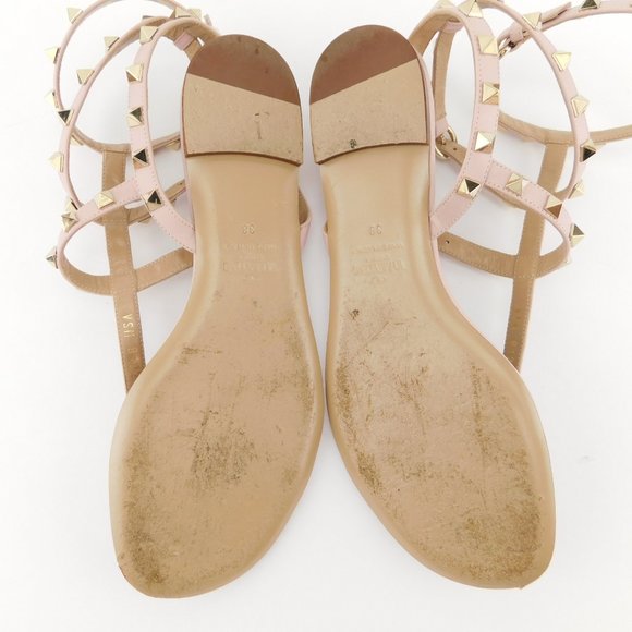 VALENTINO Rockstud Blush Pink Nude Leather Caged T-strap Thong Sandals 38 - Picture 6 of 9